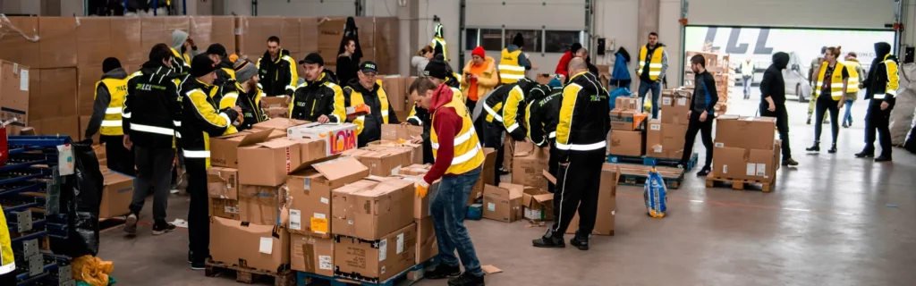 Ludzie w magazynach LCL Logistic segregują dary dla Ukrainy